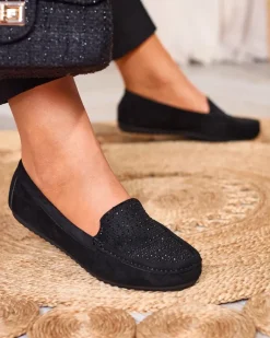 New Czarne damskie mokasyny z cyrkoniami Bretika Mokasyny Na Płaskiej Podeszwie