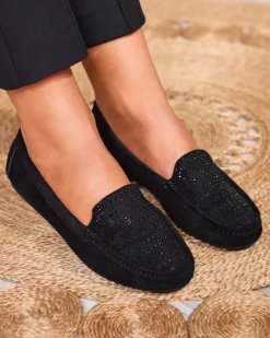 New Czarne damskie mokasyny z cyrkoniami Bretika Mokasyny Na Płaskiej Podeszwie