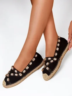 Czarne damskie espadryle z kryształkami Wamba Espadryle Płaskie