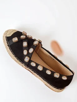 Czarne damskie espadryle z kryształkami Wamba Espadryle Płaskie