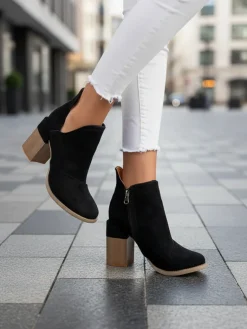 New Czarne damskie botki na słupku z wycięciami Cintura Botki Bez Ocieplenia|Botki Na Słupku