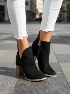 New Czarne damskie botki na słupku z wycięciami Cintura Botki Bez Ocieplenia|Botki Na Słupku