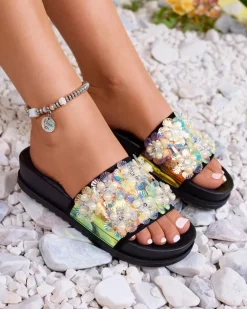 Clearance Czarne damskie zdobione klapki Maurelle Klapki Płaskie