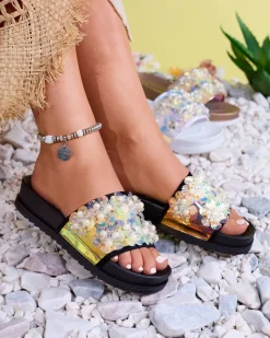 Clearance Czarne damskie zdobione klapki Maurelle Klapki Płaskie