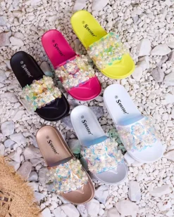 Clearance Czarne damskie zdobione klapki Maurelle Klapki Płaskie