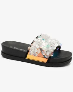 Clearance Czarne damskie zdobione klapki Maurelle Klapki Płaskie