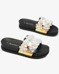 Clearance Czarne damskie zdobione klapki Maurelle Klapki Płaskie