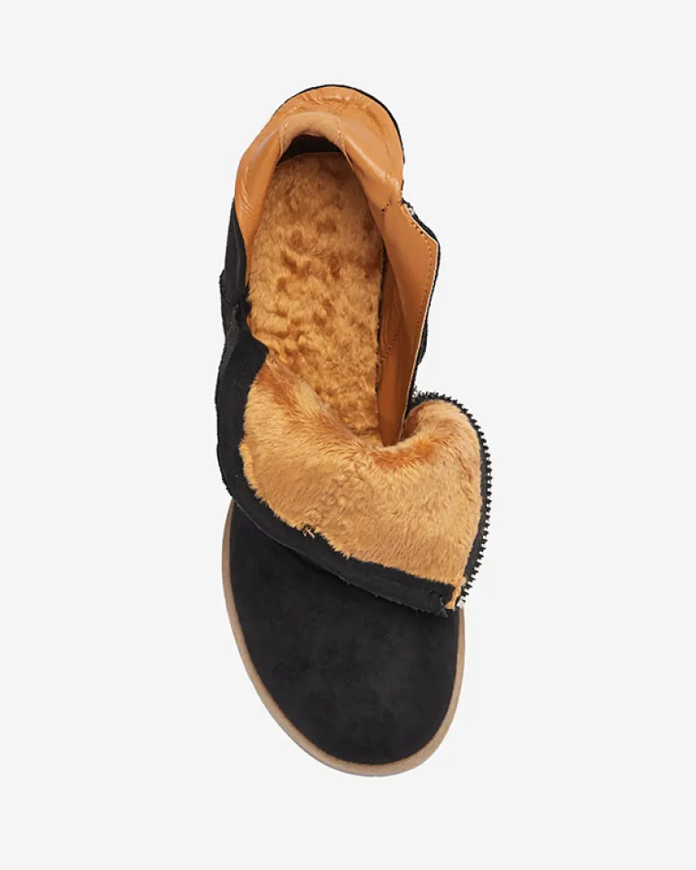 Czarne damskie ocieplane botki na brązowym słupku Karela Botki Na Słupku