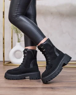 Hot Czarne damskie sznurowane botki Macnev Botki Z Delikatnym Ociepleniem|Botki Sznurowane