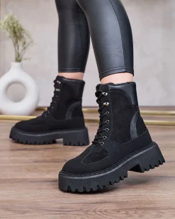 Hot Czarne damskie sznurowane botki Macnev Botki Z Delikatnym Ociepleniem|Botki Sznurowane