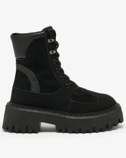 Hot Czarne damskie sznurowane botki Macnev Botki Z Delikatnym Ociepleniem|Botki Sznurowane