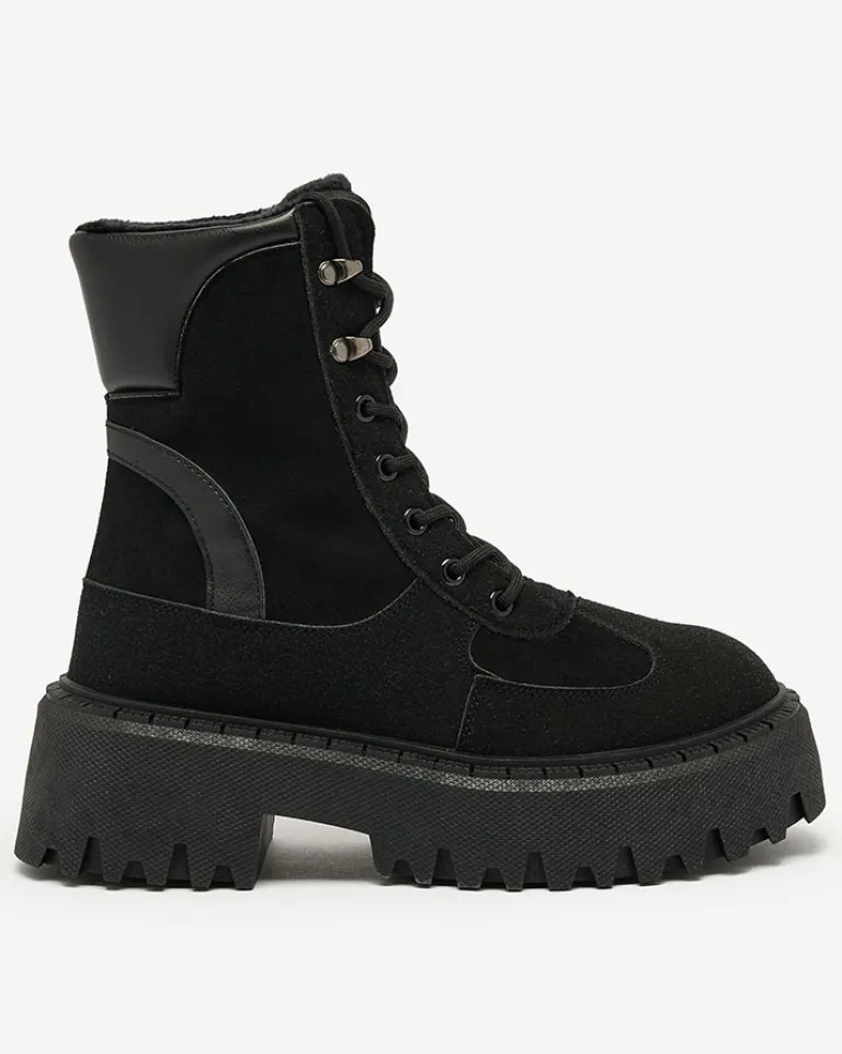 Hot Czarne damskie sznurowane botki Macnev Botki Z Delikatnym Ociepleniem|Botki Sznurowane