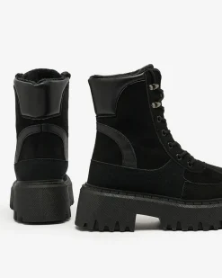 Hot Czarne damskie sznurowane botki Macnev Botki Z Delikatnym Ociepleniem|Botki Sznurowane