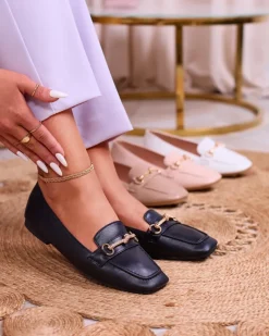 Best Czarne damskie mokasyny ze złotą ozdobą Olerika Mokasyny Na Płaskiej Podeszwie