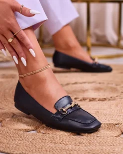 Best Czarne damskie mokasyny ze złotą ozdobą Olerika Mokasyny Na Płaskiej Podeszwie