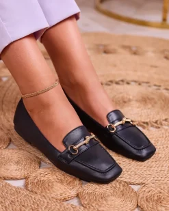 Best Czarne damskie mokasyny ze złotą ozdobą Olerika Mokasyny Na Płaskiej Podeszwie