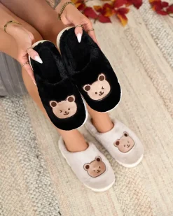 New Czarne damskie futrzane kapcie z misiem Hettres Kapcie