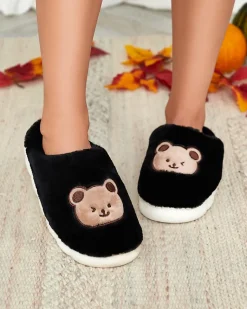 New Czarne damskie futrzane kapcie z misiem Hettres Kapcie