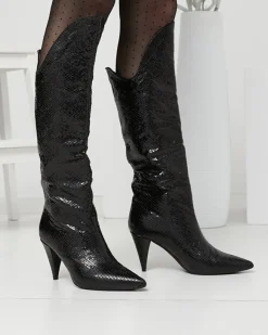 Clearance Czarne damskie kozaki na szpilce z tłoczeniem Elivea Kozaki Z Ociepleniem|Kozaki Do Kolana