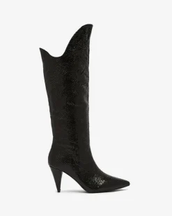 Clearance Czarne damskie kozaki na szpilce z tłoczeniem Elivea Kozaki Z Ociepleniem|Kozaki Do Kolana