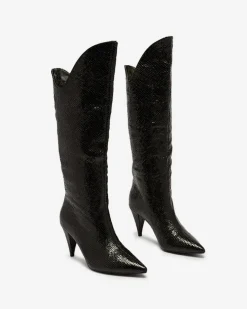 Clearance Czarne damskie kozaki na szpilce z tłoczeniem Elivea Kozaki Z Ociepleniem|Kozaki Do Kolana