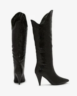 Clearance Czarne damskie kozaki na szpilce z tłoczeniem Elivea Kozaki Z Ociepleniem|Kozaki Do Kolana