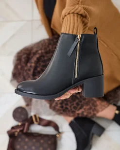 Hot Czarne eko skórzane botki damskie na niskim słupku Rejerry Botki Z Delikatnym Ociepleniem|Botki Na Słupku