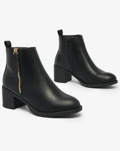 Hot Czarne eko skórzane botki damskie na niskim słupku Rejerry Botki Z Delikatnym Ociepleniem|Botki Na Słupku