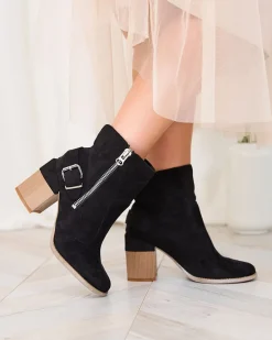 Best Czarne eko zamszowe damskie botki na słupku Acimra Botki Bez Ocieplenia|Botki Na Słupku