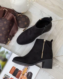 New Czarne eko zamszowe botki damskie na niskim słupku Rejerry Botki Z Delikatnym Ociepleniem|Botki Na Słupku