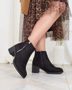 New Czarne eko zamszowe botki damskie na niskim słupku Rejerry Botki Z Delikatnym Ociepleniem|Botki Na Słupku