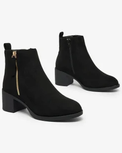 New Czarne eko zamszowe botki damskie na niskim słupku Rejerry Botki Z Delikatnym Ociepleniem|Botki Na Słupku