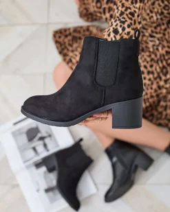Hot Czarne eko-zamszowe botki damskie na słupku Nanhelyna Botki Z Delikatnym Ociepleniem|Botki Na Słupku
