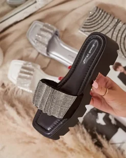 Best Czarne klapki damskie z cyrkoniami Emkoy Klapki Na Obcasie