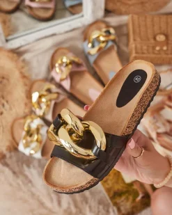 Online Czarne klapki damskie z ozdobą Sofig Klapki Płaskie