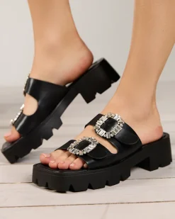 Hot Czarne klapki damskie z ozdobą z cyrkonii Sadoh Klapki Na Obcasie