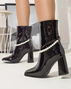 Hot Czarne lakierowane botki damskie na wysokim słupku Rassla Botki Z Delikatnym Ociepleniem|Botki Na Słupku