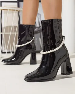 Hot Czarne lakierowane botki damskie na wysokim słupku Rassla Botki Z Delikatnym Ociepleniem|Botki Na Słupku