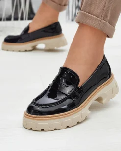 Online Czarne lakierowane mokasyny damskie Mewira Półbuty|Mokasyny Na Płaskiej Podeszwie