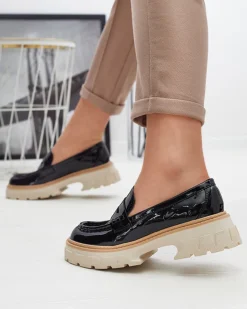 Online Czarne lakierowane mokasyny damskie Mewira Półbuty|Mokasyny Na Płaskiej Podeszwie