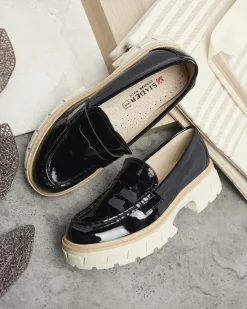 Online Czarne lakierowane mokasyny damskie Mewira Półbuty|Mokasyny Na Płaskiej Podeszwie