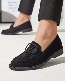 Czarne mokasyny damskie z ozdobą Fogras Espadryle Płaskie