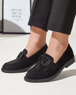 Czarne mokasyny damskie z ozdobą Fogras Espadryle Płaskie