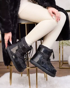 Discount Czarne śniegowce damskie ze ściągaczem Yevnoiela Śniegowce|Botki Z Delikatnym Ociepleniem