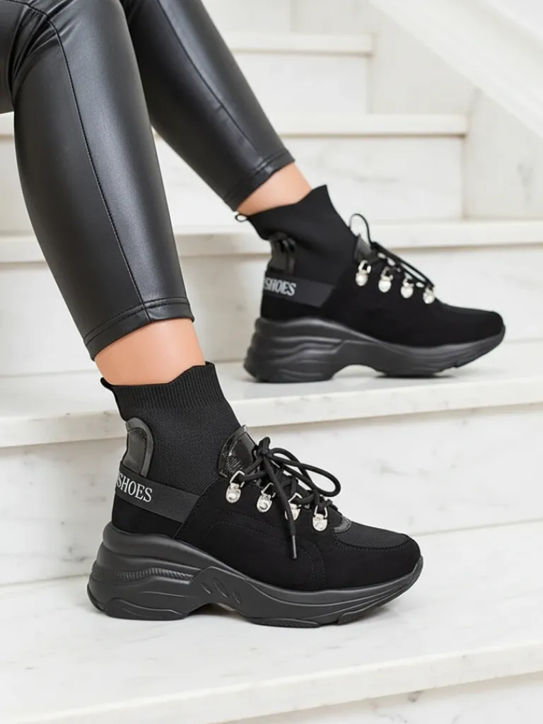 Hot Czarne sneakersy damskie z ociepleniem Aleppo Damskie Botki Z Delikatnym Ociepleniem|Botki Na Płaskim Obcasie