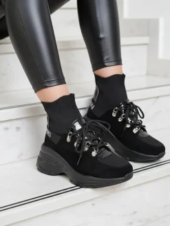 Hot Czarne sneakersy damskie z ociepleniem Aleppo Damskie Botki Z Delikatnym Ociepleniem|Botki Na Płaskim Obcasie