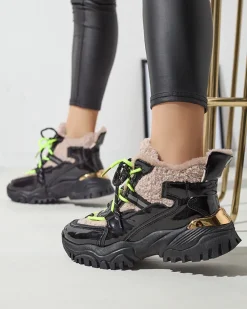 Discount Czarne sportowe buty damskie z futerkiem i neonowymi żółtymi sznurówkami Adbo Damskie Śniegowce|Ocieplane