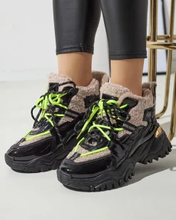 Discount Czarne sportowe buty damskie z futerkiem i neonowymi żółtymi sznurówkami Adbo Damskie Śniegowce|Ocieplane