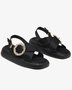 Online Czarne tkaninowe sandały damskie na płaskiej podeszwie Senire Sandały Płaskie