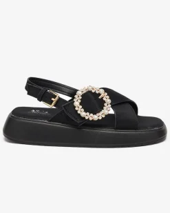 Online Czarne tkaninowe sandały damskie na płaskiej podeszwie Senire Sandały Płaskie